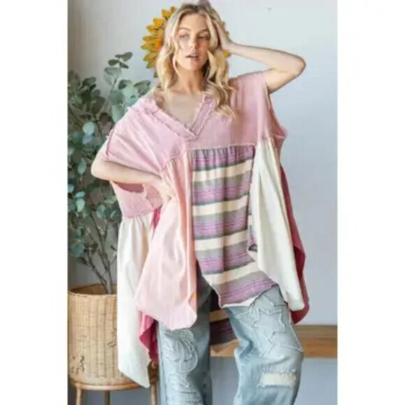 Oli & Hali Washed Mixed Media V Neck Pointed Hem Babydoll Top Pink Oversized Siz - Picture 3 of 9